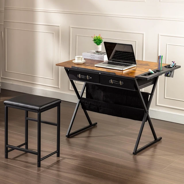 Alt view image 6 of 7 - Drafting Table Art Desk Art Table Adjustable Drawing Table Tilted Tabletop with 2 Storage Drawers and Stool, Drawing Desk for Artist Painters Drawing, Crafting, Reading, Writing, Rustic Brown