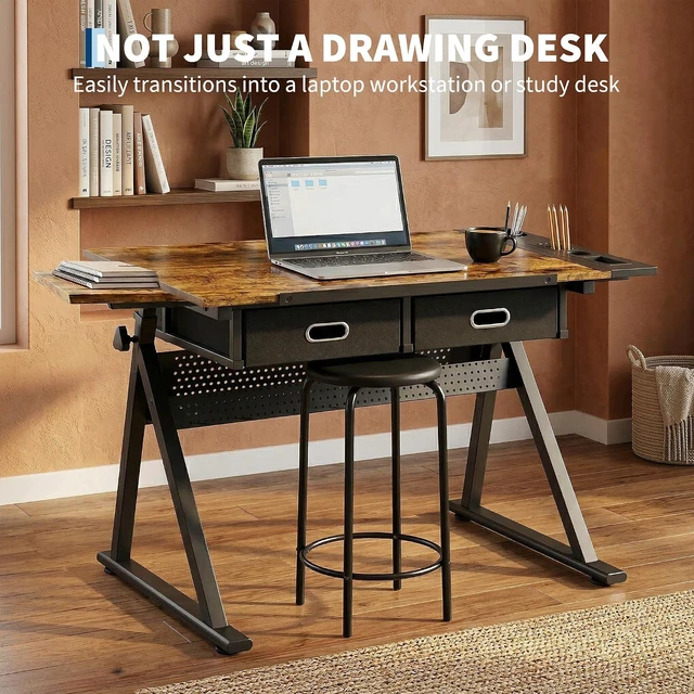 Alt view image 6 of 7 - Height Adjustable Drafting Table, 0-75°Tilting Drawing Desk | Artist Table w/Stool, Multifunctional Art Craft Workstation with 2 Storage Drawers for Home Office Reading Writing Crafting