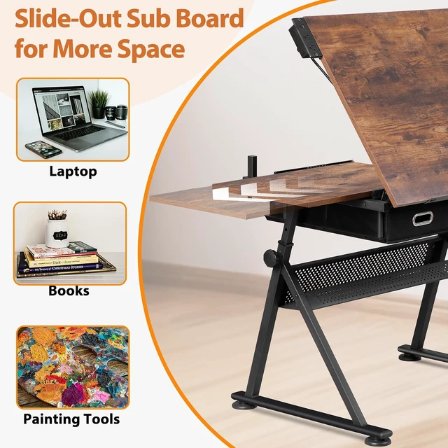 Alt view image 4 of 7 - Drafting Table Set with Charging Station, Height Adjustable Tilting Drawing Desk Artist Desk with Stool Multifunctional Art Craft Workstation with 2 Storage Drawers for Home Office School
