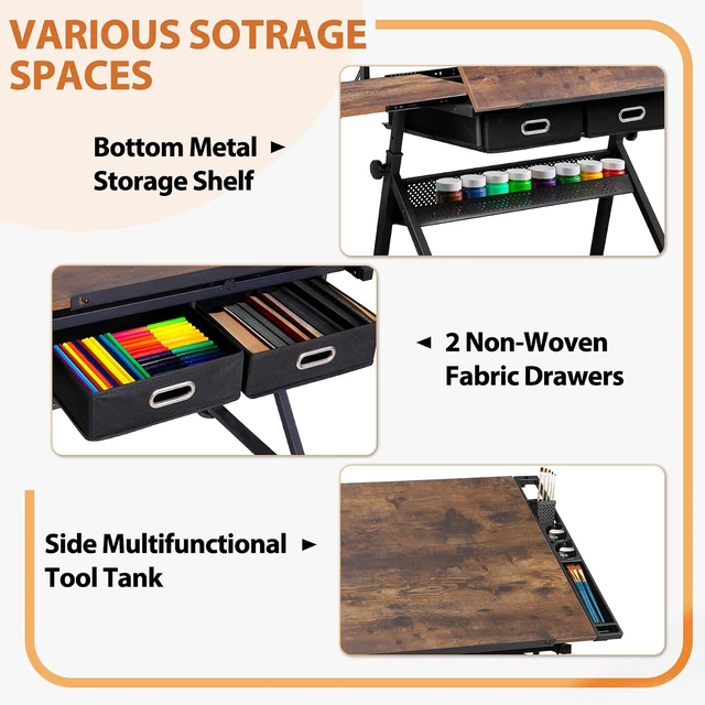 Alt view image 5 of 7 - Drafting Table Set with Charging Station, Height Adjustable Tilting Drawing Desk Artist Desk with Stool Multifunctional Art Craft Workstation with 2 Storage Drawers for Home Office School
