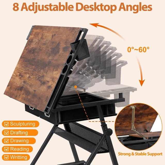 Alt view image 6 of 7 - Drafting Table Set with Charging Station, Height Adjustable Tilting Drawing Desk Artist Desk with Stool Multifunctional Art Craft Workstation with 2 Storage Drawers for Home Office School