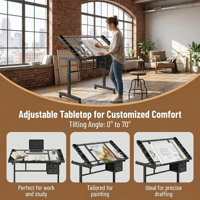 Alt view image 4 of 7 - Rolling Drafting Table on Wheels, Painting Table Art Craft Desk Crafting Table with Tilting Transparent Tempered Glass Top, 2 Fabric Storage Drawers and 4 Wheels (Black)