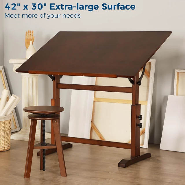 Alt view image 4 of 6 - Wood Drafting Table for Adults, 30" X 42" Extra-Large Drawing Table with Adjustable Height & Angle for Art Studio, Solid Pine Wood Artist Desk for Drawing, Drafting, Writing, Reading