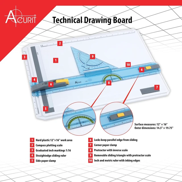 Alt view image 2 of 7 - Technical Drawing Board - Portable Drafting Table with Multi-Tool Kit, Break-Resistant Plastic, Straight-Edge Lock Mechanism, Transparent Ruler, Protractor, Clamping Rail - 14.5"x19.75"
