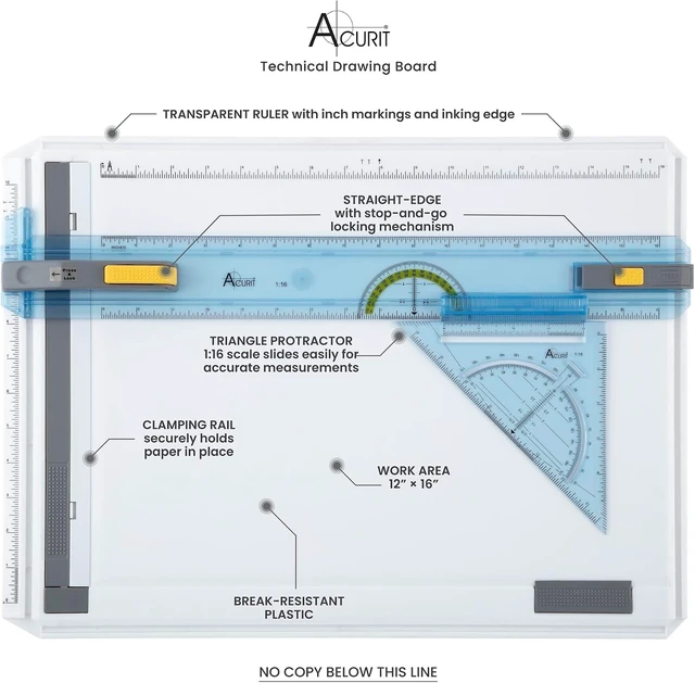 Alt view image 3 of 7 - Technical Drawing Board - Portable Drafting Table with Multi-Tool Kit, Break-Resistant Plastic, Straight-Edge Lock Mechanism, Transparent Ruler, Protractor, Clamping Rail - 14.5"x19.75"