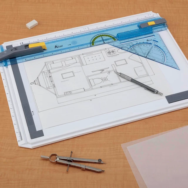 Alt view image 6 of 7 - Technical Drawing Board - Portable Drafting Table with Multi-Tool Kit, Break-Resistant Plastic, Straight-Edge Lock Mechanism, Transparent Ruler, Protractor, Clamping Rail - 14.5"x19.75"