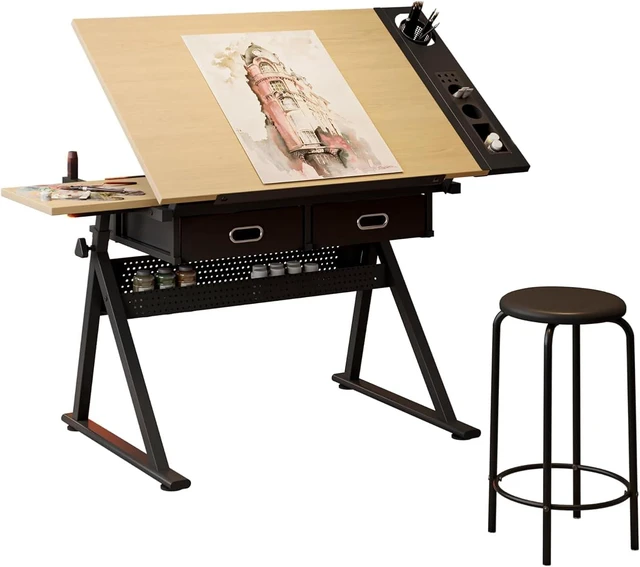 Main image of Height Adjustable Drafting Table, 0-75° Tilting Drawing Table Art Desk for Adults, Artist Desk with 2 Storage Drawers, Watercolor Paintings Sketching Workstation with Stool for Home Office