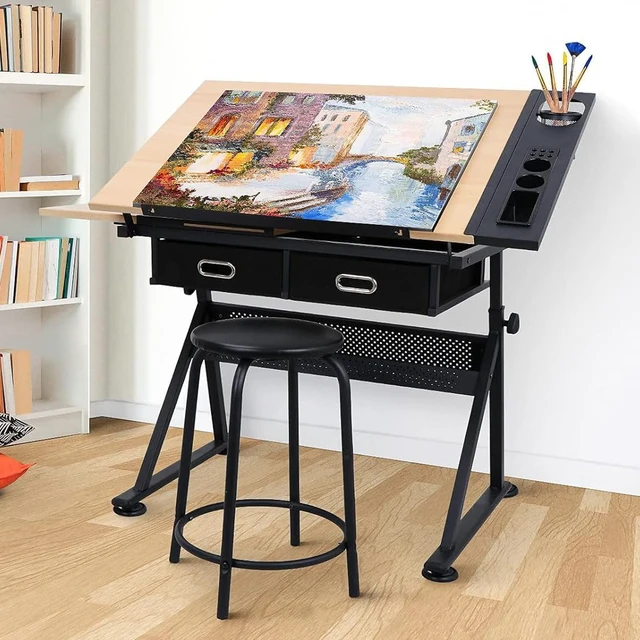 Alt view image 4 of 4 - Height Adjustable Drafting Table, 0-75° Tilting Drawing Table Art Desk for Adults, Artist Desk with 2 Storage Drawers, Watercolor Paintings Sketching Workstation with Stool for Home Office
