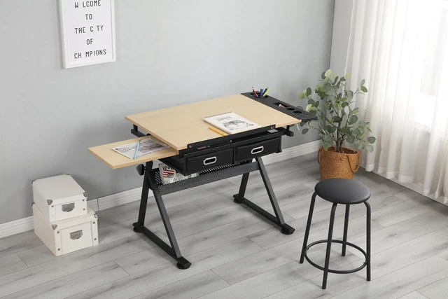 Alt view image 2 of 4 - Height Adjustable Drafting Table, 0-75° Tilting Drawing Table Art Desk for Adults, Artist Desk with 2 Storage Drawers, Watercolor Paintings Sketching Workstation with Stool for Home Office