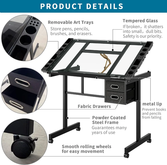 Alt view image 3 of 6 - Adjustable Drafting Table with 2 Fabric Drawers and 4 Wheels, Art Craft Work Station with Tilting Tempered Glass Top, Drawing Desk for Artist Painters Studio, Black