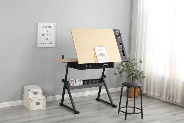 Alt view image 3 of 4 - Height Adjustable Drafting Table, 0-75° Tilting Drawing Table Art Desk for Adults, Artist Desk with 2 Storage Drawers, Watercolor Paintings Sketching Workstation with Stool for Home Office