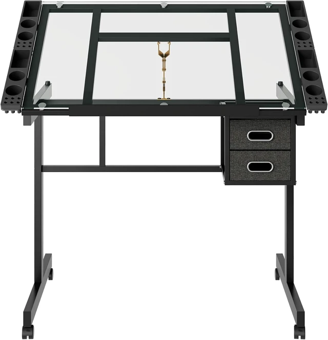 Alt view image 5 of 6 - Adjustable Drafting Table with 2 Fabric Drawers and 4 Wheels, Art Craft Work Station with Tilting Tempered Glass Top, Drawing Desk for Artist Painters Studio, Black