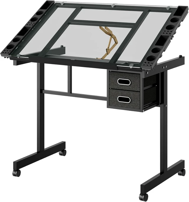 Alt view image 6 of 6 - Adjustable Drafting Table with 2 Fabric Drawers and 4 Wheels, Art Craft Work Station with Tilting Tempered Glass Top, Drawing Desk for Artist Painters Studio, Black