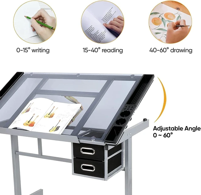 Alt view image 3 of 7 - Adjustable Drafting Table Drawing Desk Art Craft Station Drafting Desk Glass Tabletop w/2 Slide Drawers and Wheels for Drawing, Sketching, Reading, Painting Home Office