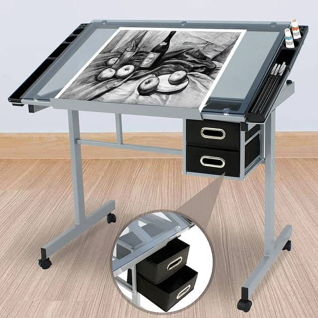 Alt view image 5 of 7 - Adjustable Drafting Table Drawing Desk Art Craft Station Drafting Desk Glass Tabletop w/2 Slide Drawers and Wheels for Drawing, Sketching, Reading, Painting Home Office