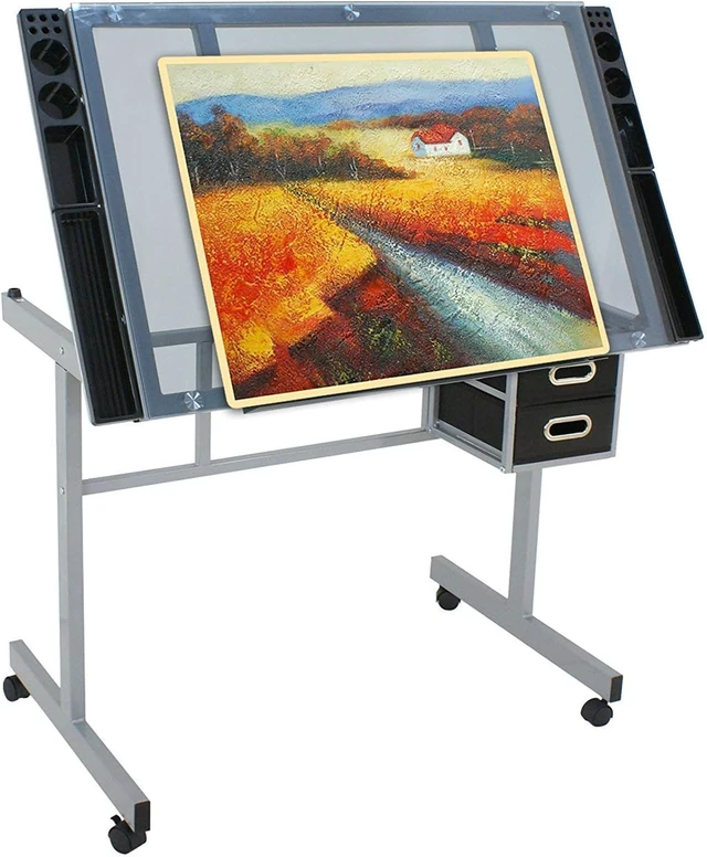 Alt view image 6 of 7 - Adjustable Drafting Table Drawing Desk Art Craft Station Drafting Desk Glass Tabletop w/2 Slide Drawers and Wheels for Drawing, Sketching, Reading, Painting Home Office
