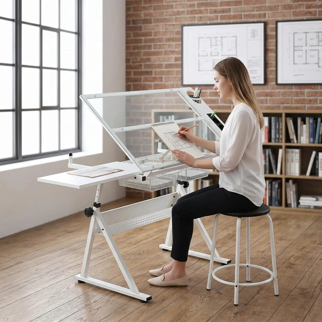 Main image of White Drafting Table with Stool Height Adjustable Art Craft Desk with Storage, Tilting Tempered Glass Tabletop, Expansion Board, Drawing Table for Home Office, Artists, Painters