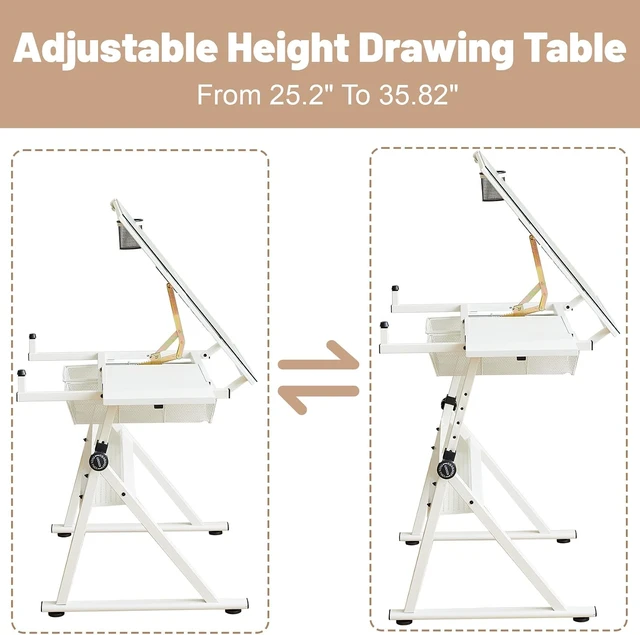 Alt view image 5 of 7 - White Drafting Table with Stool Height Adjustable Art Craft Desk with Storage, Tilting Tempered Glass Tabletop, Expansion Board, Drawing Table for Home Office, Artists, Painters