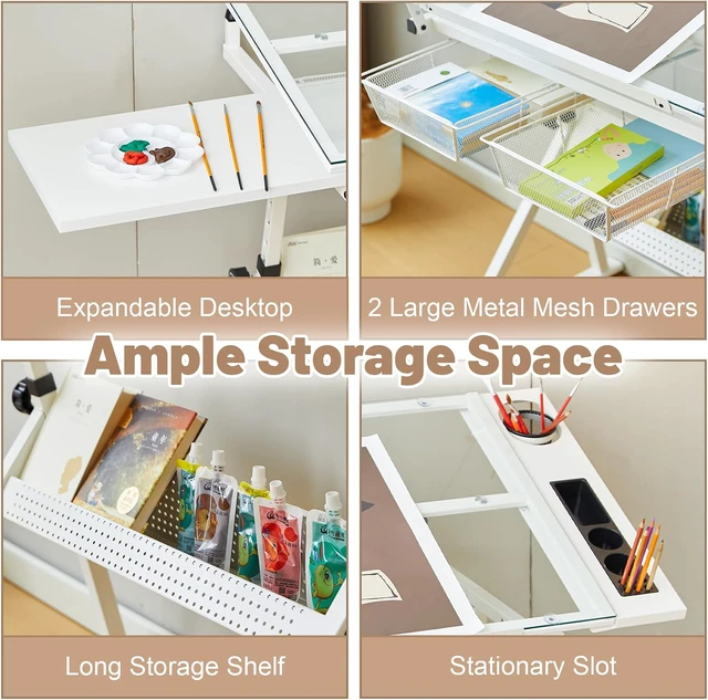 Alt view image 4 of 7 - White Drafting Table with Stool Height Adjustable Art Craft Desk with Storage, Tilting Tempered Glass Tabletop, Expansion Board, Drawing Table for Home Office, Artists, Painters