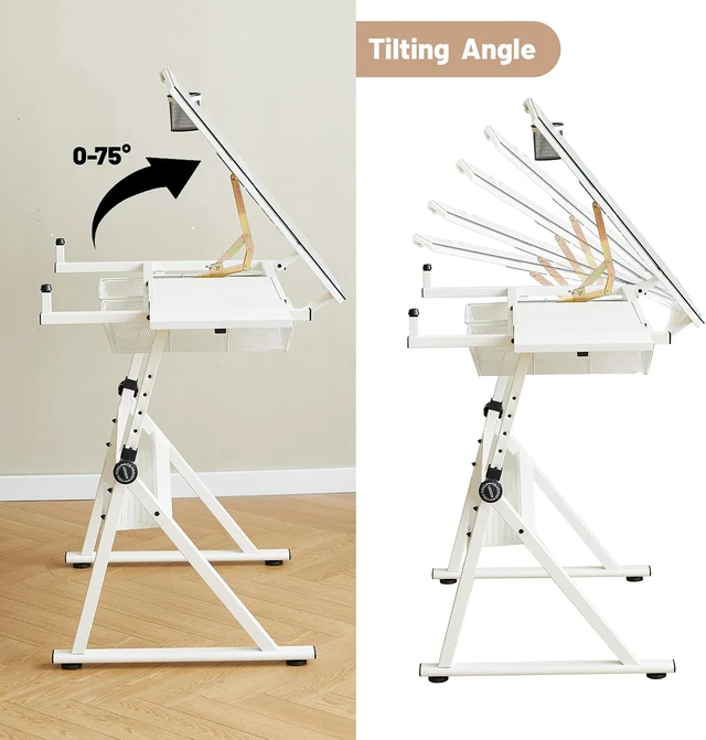 Alt view image 6 of 7 - White Drafting Table with Stool Height Adjustable Art Craft Desk with Storage, Tilting Tempered Glass Tabletop, Expansion Board, Drawing Table for Home Office, Artists, Painters