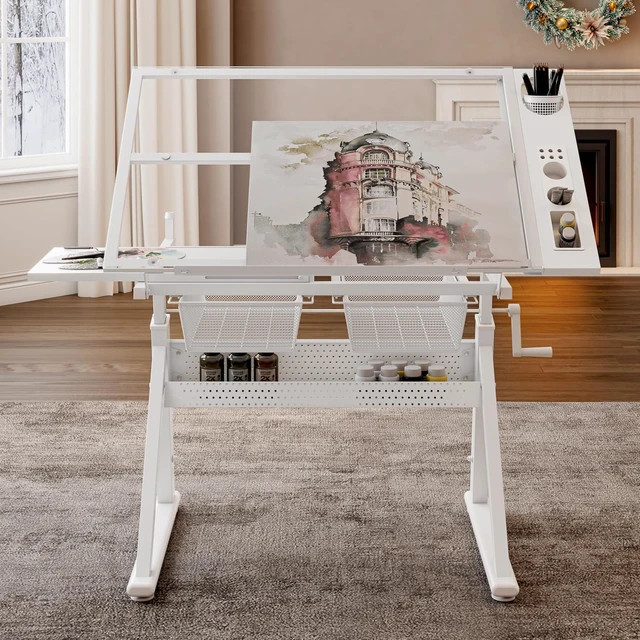 Alt view image 3 of 5 - Height Adjustable Drafting Art Table for Adults, White Tempered Glass Drafting Drawing Printing Table Desk with Stool, 0-75° Tilting Tabletop Art Drawing Table for Drawing,Hand Crank