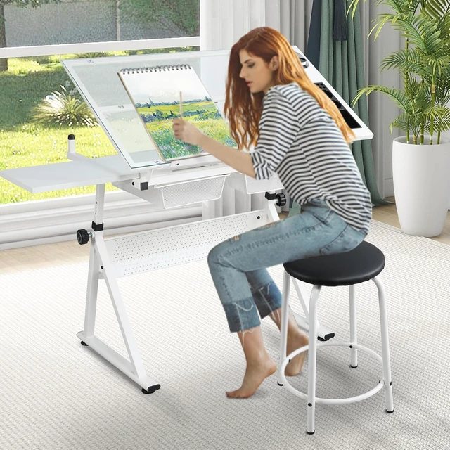 Alt view image 7 of 7 - White Drafting Table with Stool Height Adjustable Art Craft Desk with Storage, Tilting Tempered Glass Tabletop, Expansion Board, Drawing Table for Home Office, Artists, Painters