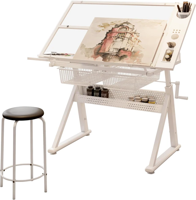 Alt view image 5 of 5 - Height Adjustable Drafting Art Table for Adults, White Tempered Glass Drafting Drawing Printing Table Desk with Stool, 0-75° Tilting Tabletop Art Drawing Table for Drawing,Hand Crank