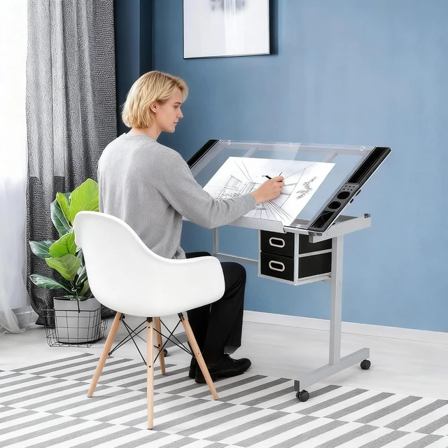 Alt view image 6 of 7 - Drafting Table on Wheels with Storage Drawers, Adjustable Glass Tabletop, Craft Table Drawing Desk Artist Hobby Table for Painting, Drawing, Crafting