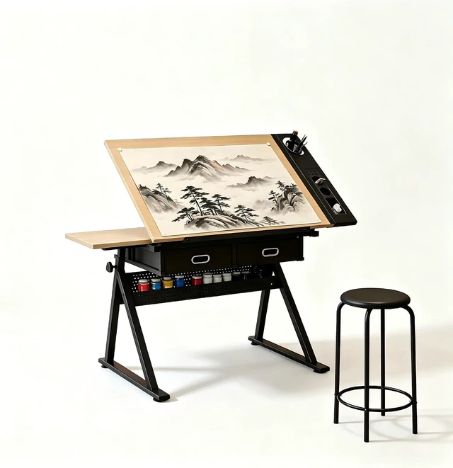 Main image of Height Adjustable Drafting Table, 0-75° Tilting Tabletop | Drawing Table Artist Desk with 2 Storage Drawers & Stool for Adults, Home Office Watercolor Paintings Sketching Workstation