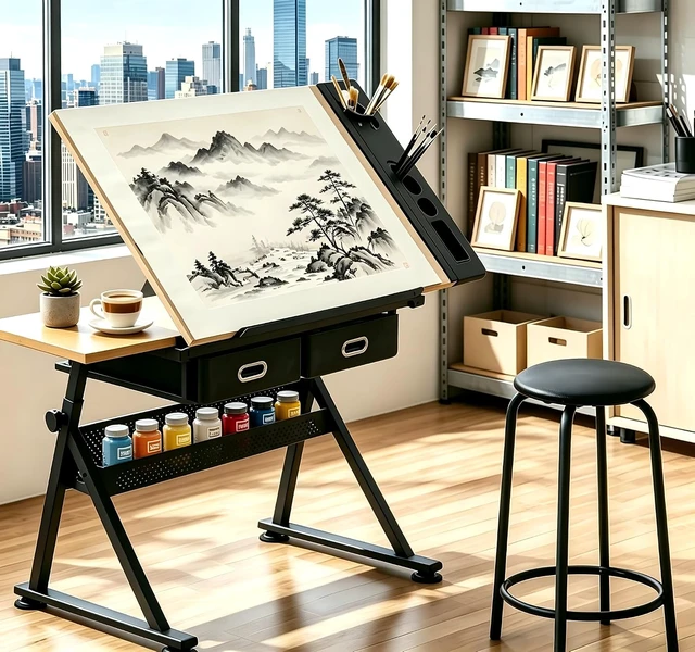 Alt view image 5 of 7 - Height Adjustable Drafting Table, 0-75° Tilting Tabletop | Drawing Table Artist Desk with 2 Storage Drawers & Stool for Adults, Home Office Watercolor Paintings Sketching Workstation