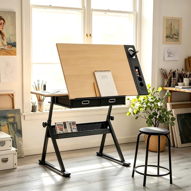 Alt view image 6 of 7 - Height Adjustable Drafting Table, 0-75° Tilting Tabletop | Drawing Table Artist Desk with 2 Storage Drawers & Stool for Adults, Home Office Watercolor Paintings Sketching Workstation