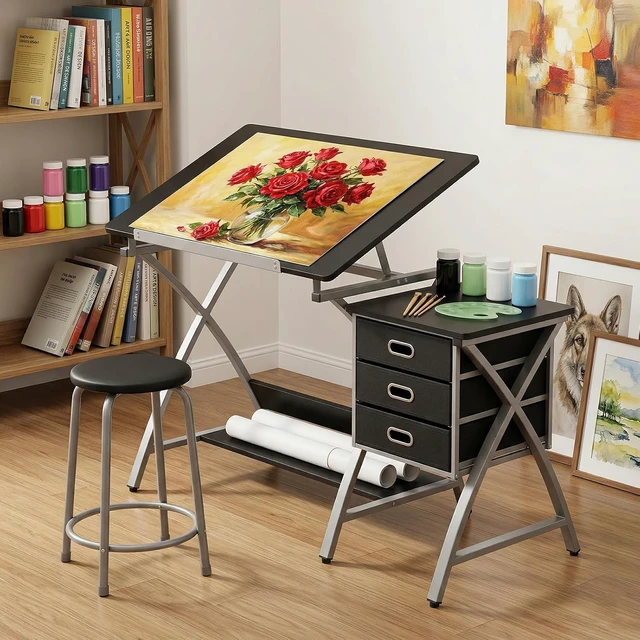 Alt view image 2 of 7 - Tabletop Adjustable Drafting Table, Drawing Table for Adults | Drafting Desk Art Desk with Stool & 3 Storage Drawers,Modern Painting Studio Work Station for Home Office,50.5x24x45 inch