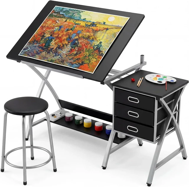 Main image of Tabletop Adjustable Drafting Table, Drawing Table for Adults | Drafting Desk Art Desk with Stool & 3 Storage Drawers,Modern Painting Studio Work Station for Home Office,50.5x24x45 inch