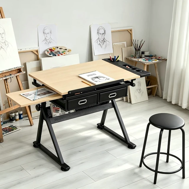 Alt view image 7 of 7 - Height Adjustable Drafting Table, 0-75° Tilting Tabletop | Drawing Table Artist Desk with 2 Storage Drawers & Stool for Adults, Home Office Watercolor Paintings Sketching Workstation