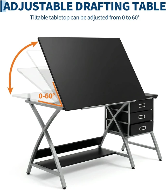 Alt view image 4 of 7 - Tabletop Adjustable Drafting Table, Drawing Table for Adults | Drafting Desk Art Desk with Stool & 3 Storage Drawers,Modern Painting Studio Work Station for Home Office,50.5x24x45 inch