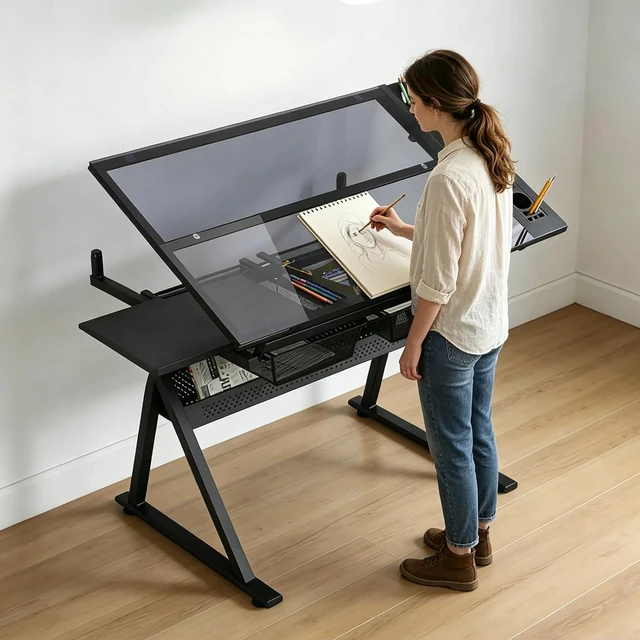 Main image of Drafting Table, Adjustable Height Drawing Table Art Table Painting Table Art Craft Desk with 0-75° Tilting Glass Tabletop and Storage Drawers, Black