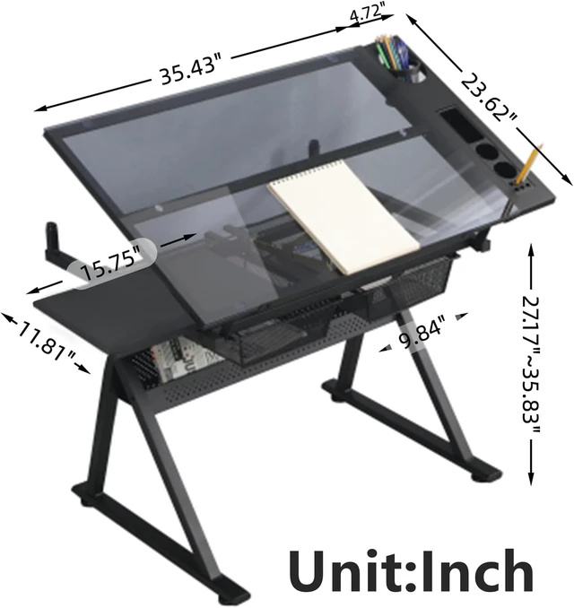 Alt view image 2 of 5 - Drafting Table, Adjustable Height Drawing Table Art Table Painting Table Art Craft Desk with 0-75° Tilting Glass Tabletop and Storage Drawers, Black