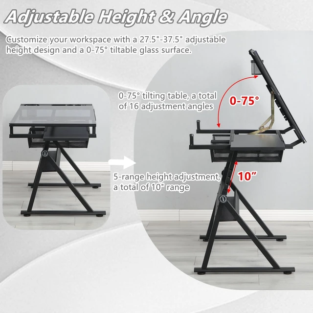 Alt view image 3 of 5 - Drafting Table, Adjustable Height Drawing Table Art Table Painting Table Art Craft Desk with 0-75° Tilting Glass Tabletop and Storage Drawers, Black