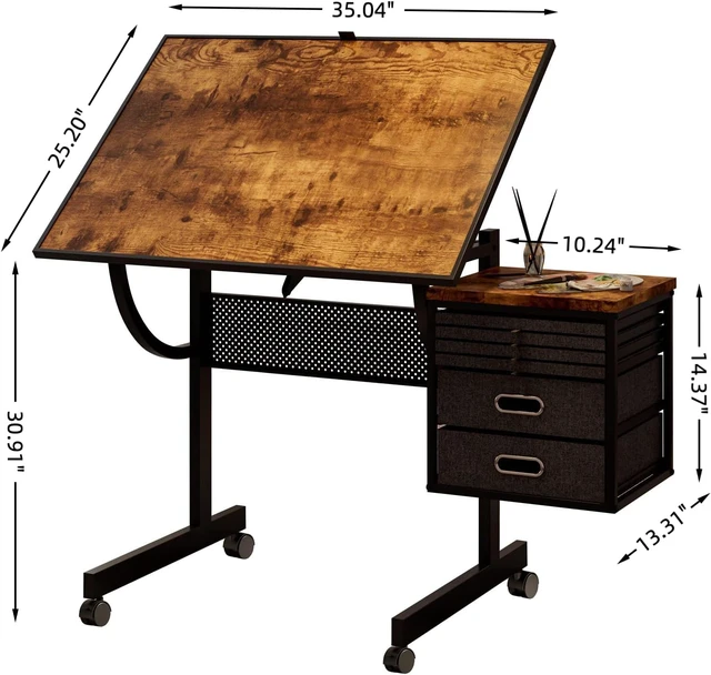 Alt view image 2 of 7 - 2 in 1 Puzzle Table Double-Sided with Wheels, Adjustable Drafting Desk with Drawers, Felt Storage Trays,, Art Table with 75° Tilted Tabletop, Painting Work Station for Home Office, Crafting, Brown