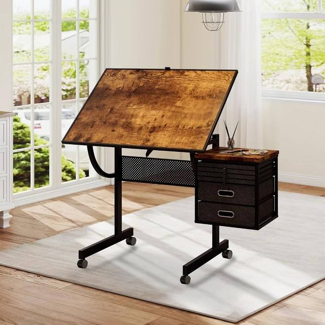 Alt view image 6 of 7 - 2 in 1 Puzzle Table Double-Sided with Wheels, Adjustable Drafting Desk with Drawers, Felt Storage Trays,, Art Table with 75° Tilted Tabletop, Painting Work Station for Home Office, Crafting, Brown