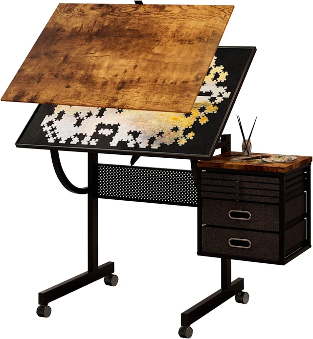 Alt view image 7 of 7 - 2 in 1 Puzzle Table Double-Sided with Wheels, Adjustable Drafting Desk with Drawers, Felt Storage Trays,, Art Table with 75° Tilted Tabletop, Painting Work Station for Home Office, Crafting, Brown