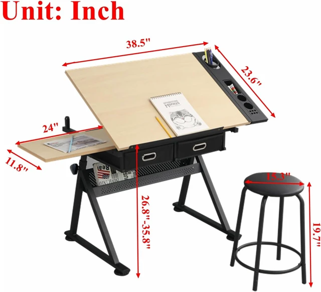 Alt view image 2 of 7 - Drafting Table, Height Adjustable Drawing Table Art Table with Stool, 0-75° Tilted Tabletop Artist Desk Painting Table with Storage for Home Office School, T1-Brown