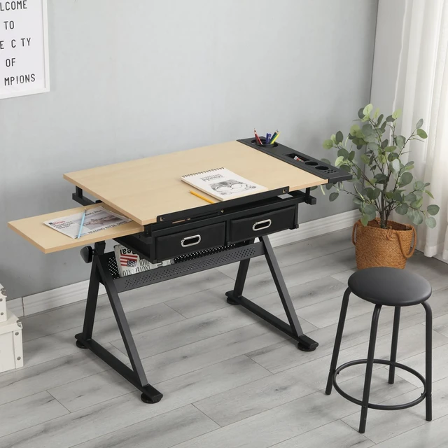 Alt view image 3 of 7 - Drafting Table, Height Adjustable Drawing Table Art Table with Stool, 0-75° Tilted Tabletop Artist Desk Painting Table with Storage for Home Office School, T1-Brown