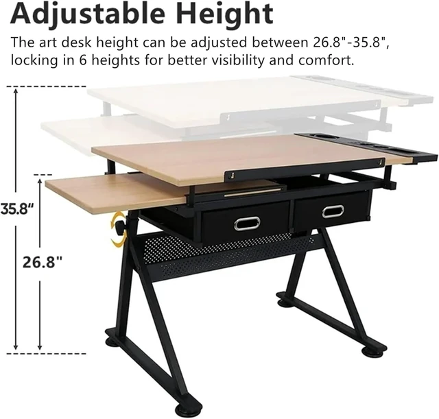 Alt view image 4 of 7 - Drafting Table, Height Adjustable Drawing Table Art Table with Stool, 0-75° Tilted Tabletop Artist Desk Painting Table with Storage for Home Office School, T1-Brown