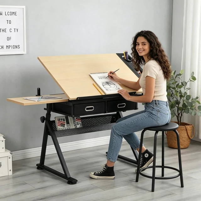 Main image of Drafting Table, Height Adjustable Drawing Table Art Table with Stool, 0-75° Tilted Tabletop Artist Desk Painting Table with Storage for Home Office School, T1-Brown