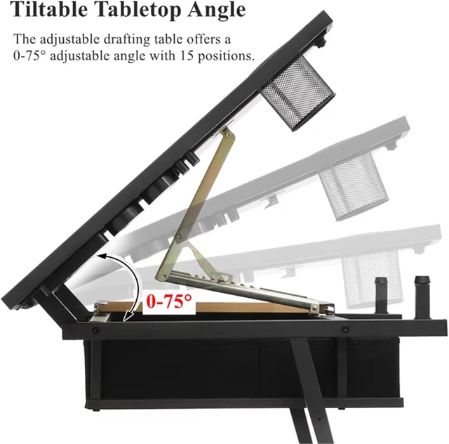 Alt view image 5 of 7 - Drafting Table, Height Adjustable Drawing Table Art Table with Stool, 0-75° Tilted Tabletop Artist Desk Painting Table with Storage for Home Office School, T1-Brown