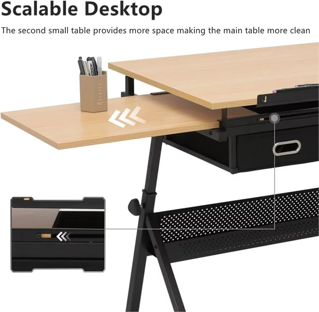 Alt view image 6 of 7 - Drafting Table, Height Adjustable Drawing Table Art Table with Stool, 0-75° Tilted Tabletop Artist Desk Painting Table with Storage for Home Office School, T1-Brown