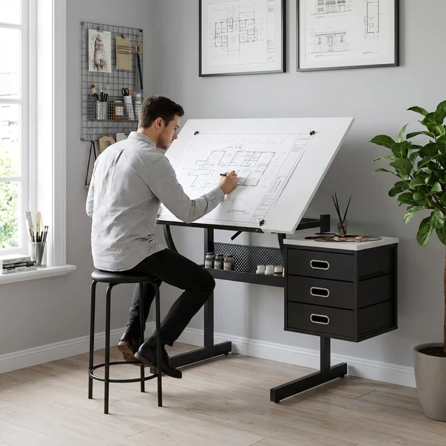 Main image of Drafting Table with Storage, Adjustable Art Desk & Art Table with Stool, 0-75° Tilting Top, 3 Drawers for Diamond Painting, Architecture, Animation, Office (Adults & Teens) (White)