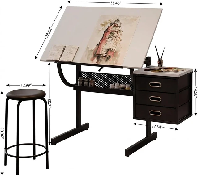 Alt view image 2 of 7 - Drafting Table with Storage, Adjustable Art Desk & Art Table with Stool, 0-75° Tilting Top, 3 Drawers for Diamond Painting, Architecture, Animation, Office (Adults & Teens) (White)