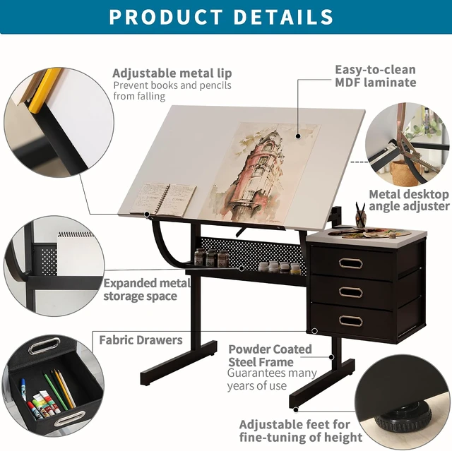 Alt view image 3 of 7 - Drafting Table with Storage, Adjustable Art Desk & Art Table with Stool, 0-75° Tilting Top, 3 Drawers for Diamond Painting, Architecture, Animation, Office (Adults & Teens) (White)